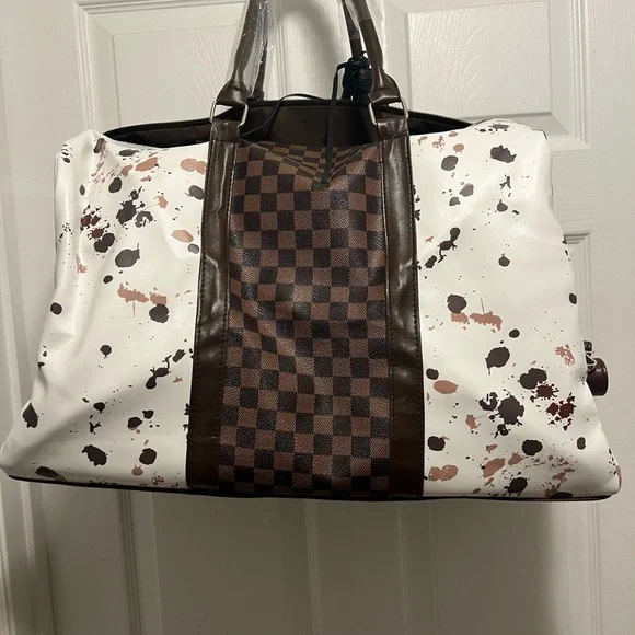 Stylish White and Brown Cow Print with Checkered insert Women's Bag - Picture 7 of 7